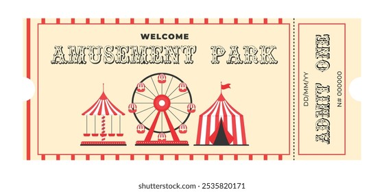 Colorful vintage amusement park ticket. Ferris wheel, circus tent, carousel, decorative text amusement park, admit one and more. Flat vector illustration on white background