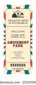 Colorful vintage amusement park ticket. Silhouette of ferris wheel, circus tent, carousel, decorative text amusement park, ticket, barcode and more details events. Vertical flat vector illustration 