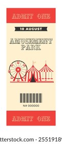 Colorful vintage amusement park ticket.Ferris wheel,circus tent,carousel,decorative text amusement park,admit one,barcode and more details events.Vertical flat vector illustration on white background