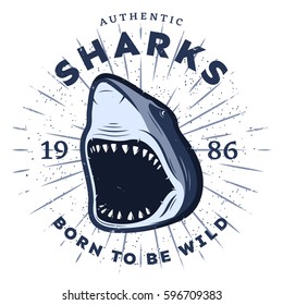 Colorful vintage animal label template with shark head and inscription on white background isolated vector illustration