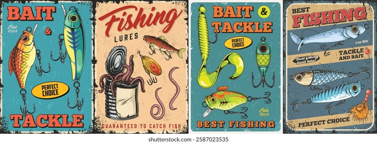 Colorful vintage art features various fishing lures and tackle. The design showcases bright graphics and playful typography emphasizing the joy of fishing.