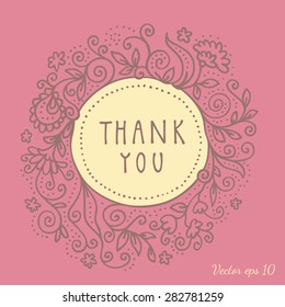 Colorful vintage artistic vector thank you card with hand-drawn frame decorated with branches plants flowers wreath on floral seamless pattern with orange flowers as a background. Hand lettering