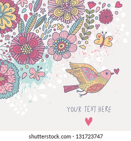 Colorful vintage background. Pastel colored floral wallpaper with bird and butterflies. Cartoon romantic card in vector