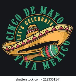 Colorful vintage badge with classical sombrero hat and maraca with ornamental design in center of round-shaped inscription, vector illustration