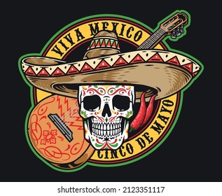 Colorful vintage badge with inscription and calavera sugar skull in sombrero against guitar and chili peppers, vector illustration