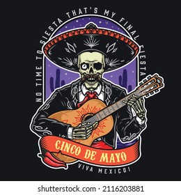 Colorful vintage badge with Mexican skeleton with mustache wearing sombrero and charro outfit playing guitar against cactuses at night, vector illustration