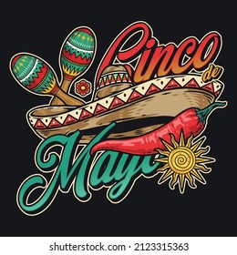 Colorful vintage badge with sombrero, chili pepper, sun, maracas and Cinco de Mayo inscription, vector illustration
