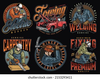 Colorful vintage badges collection with inscriptions, electricians in cap using screwdriver, repairman installing floor, miner holding pickaxe, welder with blowtorch, joiner sawing wooden board, tow