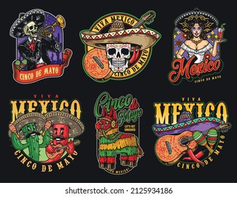 Colorful vintage badges set with cactus and chili pepper playing musical instruments, pinata toy with bridle, painted guitar, purple sombrero hat, maracas, waitress with glass on tray, skeleton