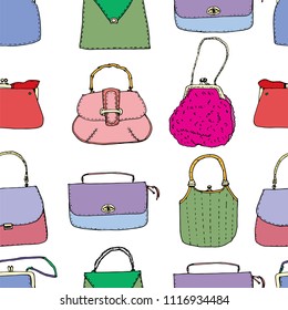 Colorful vintage bags, clutches and purses seamless pattern. Hand drawn vector illustration. Elegant and trendy