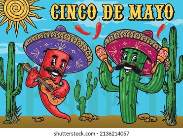 Pancarta vintage colorida con caricatura de pimienta mexicana con sombrero tocando la guitarra, cactus espinosos con bigote sacudiendo las maracas con fondo desértico, ilustración vectorial