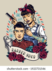 Colorful vintage barbershop label with roses diamond pretty winking female barber cutting hair of stylish man with tattoos isolated vector illustration
