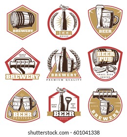 Colorful vintage beer emblems set with glasses mugs bottle tap wooden barrel opener snacks isolated vector illustration