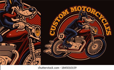 A Colorful Vintage Biker Emblem Of A Wolf On A Motorcycle, This Design Can Be Used As A Shirt Print Or In Many Other Uses.