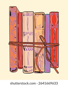 Colorful vintage books stacked together, tied with a pink ribbon and adorned with purple flowers. A whimsical hand-drawn illustration perfect for cozy, book-themed or vintage-inspired projects.