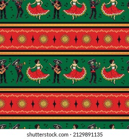 Colorful vintage borders background with mexican skeleton musicians in charro outfits, dancing woman in long dress, sun decoration, vector illustration