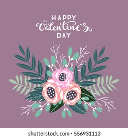 Colorful vintage bouquet of flowers, Happy Valentines Day vector illustration.