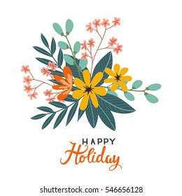 Colorful vintage bouquet of flowers on a white background, Happy Holiday vector illustration