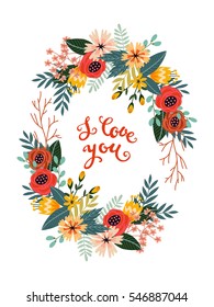 Colorful vintage bouquet of flowers on a white background, I love you vector illustration