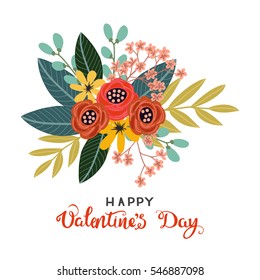 Colorful vintage bouquet of flowers on a white background, Happy Valentines Day vector illustration