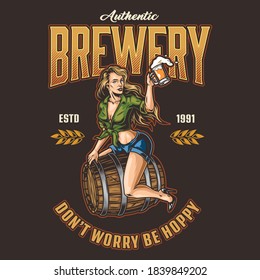 Colorful vintage brewing label with beautiful woman holding beer mug and sitting on wooden cask isolated vector illustration