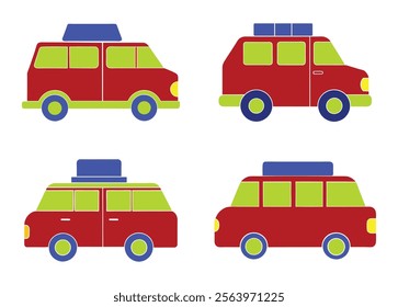 Colorful Vintage Cars Collection. Retro Car Illustrations Set. Vibrant Cartoon Vehicles Design. Classic Minivan Vector Art