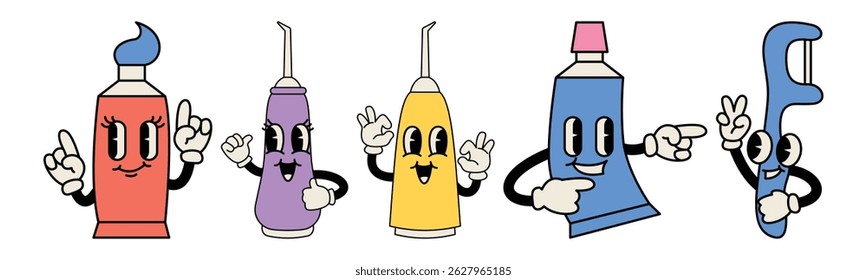 Colorful vintage cartoon illustration showcasing dental hygiene products with playful cartoon characters. Perfect for adding a touch of retro fun to dental health campaigns.