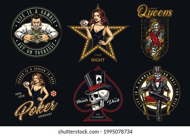 Colorful vintage casino labels with letterings attractive poker ladies gambler skull and skeleton lucky player with pile of dollar bills skeleton queen for playing cards isolated vector illustration