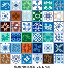 Colorful vintage ceramic tiles. Glazed ceramic mosaic with Moroccan, Spanish and Portuguese motifs. Vector ornaments for hamam, bathroom, kitchen design. Architectural collection, blue, green palette.