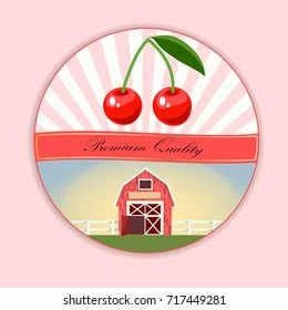 Colorful vintage Cherry label poster. Vector round label with yummy cherry and farm or ambar on meadow in sunset