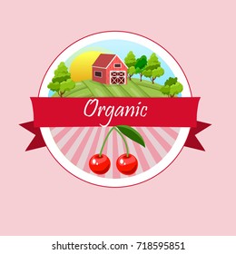 Colorful vintage Cherry label poster. Vector round label with yummy cherry and farm or ambar on meadow in sunset