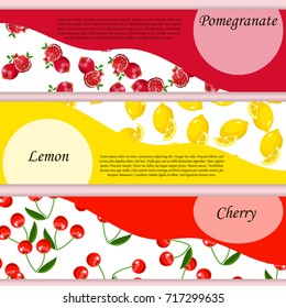 Colorful vintage Cherry, pomegranate, lemon label, banner or poster. Vector square label, cherry jam, sauce or juice label. healthy fruits or vegetarian food