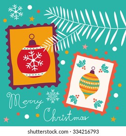 Colorful vintage Christmas card with stamps . Vector illustration