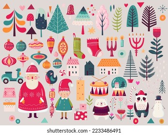 Colorful Vintage Christmas set with cute festive stuff for your design