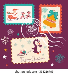 Colorful vintage Christmas stamps collection. Vector illustration