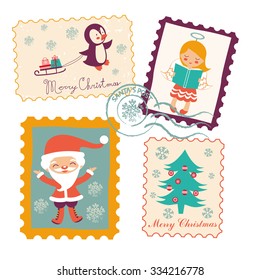 Colorful vintage Christmas stamps collection. Vector illustration