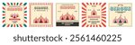 Colorful vintage circus invitation card set. Striped circus tents in flat style. Retro vector illustration. Background for advertising banner, poster, flyer, post and more