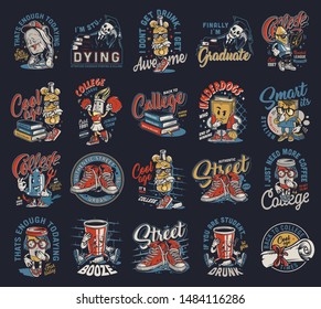 Colorful vintage college prints with urban casual sneakers diploma scroll books and funny cute university characters isolated vector illustration