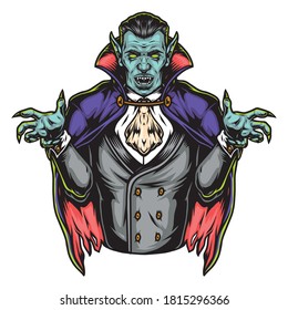 Colorful vintage concept of creepy vampire in costume and cape isolated vector illustration