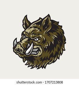 Colorful vintage cruel wild boar head on light background isolated vector illustration