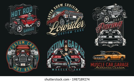 Colorful vintage custom cars emblems with pretty tattooed woman holding spanner skeleton in baseball cap driving hot rod powerful muscle and lowrider cars isolated vector illustration - Shutterstock ID 1987189274