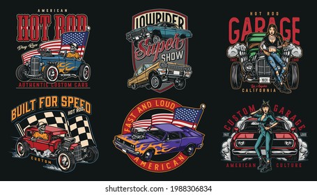 Colorful vintage custom cars labels with pretty women holding spanners lowrider and muscle cars skeleton in baseball cap driving hot rod checkered racing and USA flags isolated vector illustration