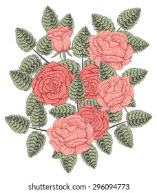 Colorful vintage design element. Roses and leaves. In the style of an old botanical illustration.