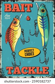 A colorful vintage display features two fishing lures hanging from hooks. The background is turquoise with bold lettering creating an eye-catching advertisement for a bait and tackle shop.