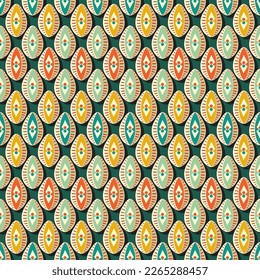 Colorful Vintage Easter Eggs Seamless Green Background. Happy Easter Day Concept.