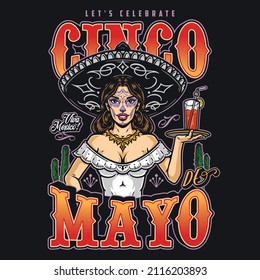 Colorful vintage emblem with attractive waitress with painted face wearing sombrero and golden jewelry carrying tray with cocktail, Cinco de Mayo inscription, vector illustration