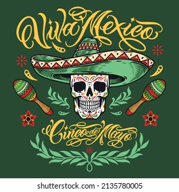 Colorful vintage emblem with calavera skull in sombrero, maracas, flowers and twigs against green background, vector illustration