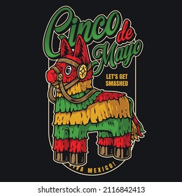 Colorful vintage emblem with decorated pinata horse with Cinco de Mayo inscription, vector illustration