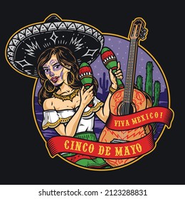 Colorful vintage emblem with guitar and Mexican girl with painted face wearing sombrero shaking maracas, vector illustration