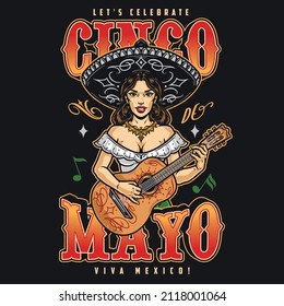 Colorful vintage emblem with Mexican girl in sombrero and jewelry playing guitar with Cinco de Mayo inscription, vector illustration
